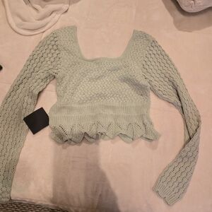 Lulu's Lucky Cutie Sage Green Crochet Long Sleeve Sweater Top